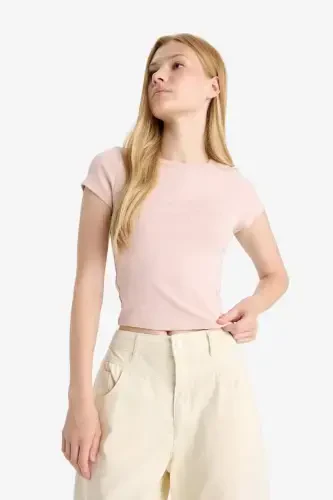 Coool Fitted Crew Neck Ribbed Short Sleeve T-Shirt-Rosewood - 4