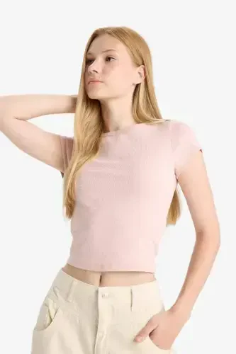 Coool Fitted Crew Neck Ribbed Short Sleeve T-Shirt-Rosewood - 5