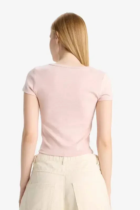 Coool Fitted Velosiped Yoqali Ribana Qisqa Yengli Futbolka - Pushti Gull - 7