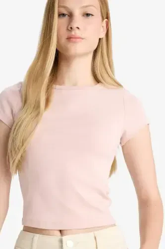 Coool Fitted Велосипедная Горловина В Рубчик Короткий Рукав Футболка-Розовый Кварц - 1