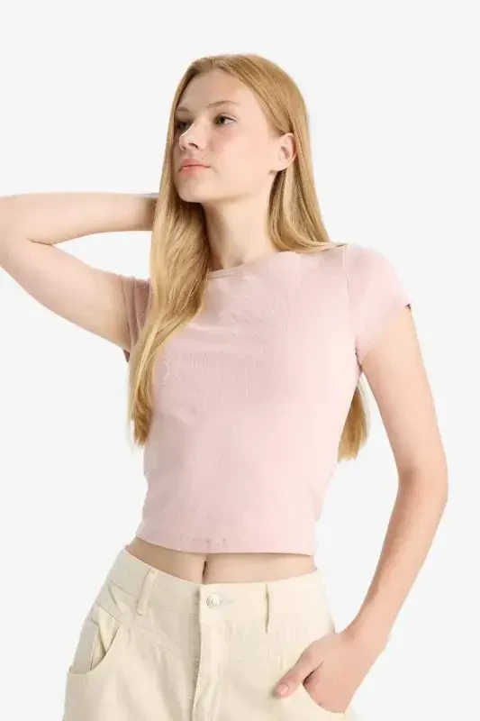 Coool Fitted Велосипедная Горловина В Рубчик Короткий Рукав Футболка-Розовый Кварц - 5