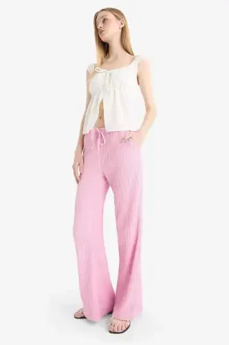 Flare Fit Belı Lastikli Búrümcük Pantolon-Pembe - DEFACTO (1)