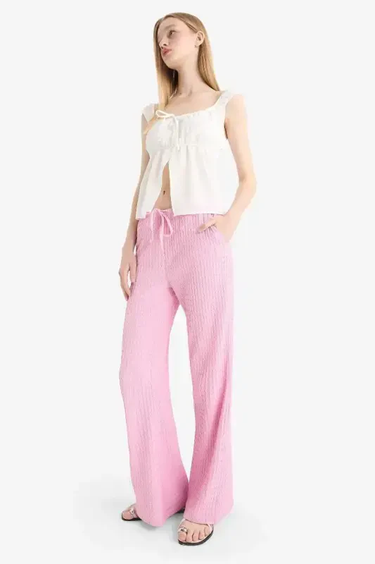 Flare Fit Belı Lastikli Búrümcük Pantolon-Pembe - 2