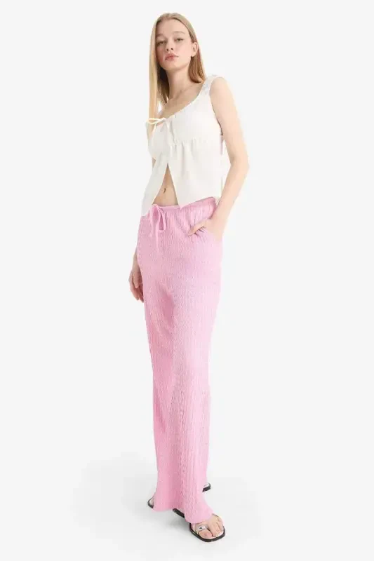Flare Fit Belı Lastikli Búrümcük Pantolon-Pembe - 3