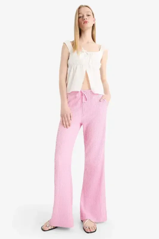 Flare Fit Belı Lastikli Búrümcük Pantolon-Pembe - 4