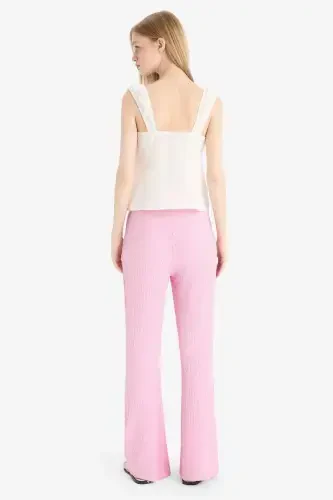 Flare Fit Belı Lastikli Búrümcük Pantolon-Pembe - 6