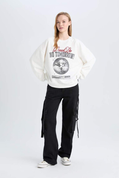 Coool Loose Fit Round Neck Printed Heavy Sweatshirt Off-White - 2