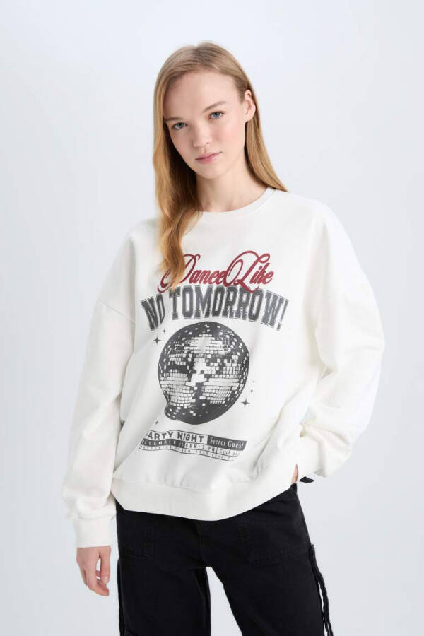 Coool Loose Fit Round Neck Printed Heavy Sweatshirt Off-White - 3