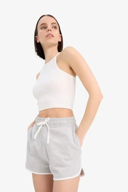 Coool Regular Fit Beli Lastikli Bağcıklı Kalın Mini Şort-Gri Melanj - 4