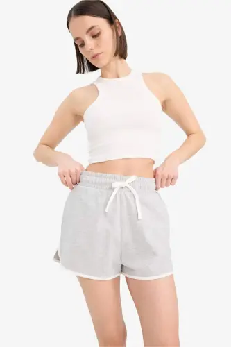 Coool Regular Fit Beli Lastikli Bağcıklı Kalın Mini Şort-Gri Melanj - 6