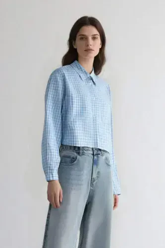 Oversize Geniş Kalıp Pötikareli Uzun Kollu Gömlek-Mavi - 4