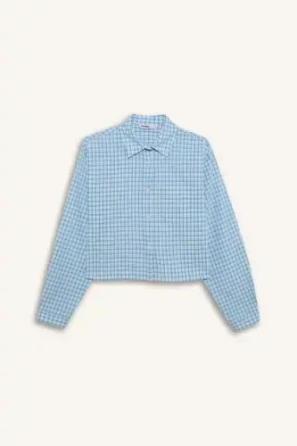 Oversize Geniş Kalıp Pötikareli Uzun Kollu Gömlek-Mavi - 6