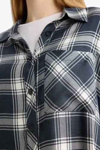 Coool Oversize Keng Bichimli Katakli Flanel Uzun Yengli Ko'ylak-To'q ko'k - 5