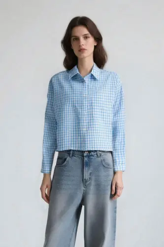 Coool Oversize Keng Bichimli Katakli Uzun Yengli Ko'ylak-Moviy - 1