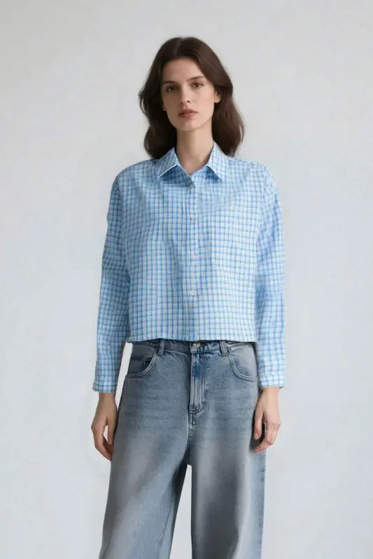 Coool Oversize Keng Bichimli Katakli Uzun Yengli Ko'ylak-Moviy - DEFACTO