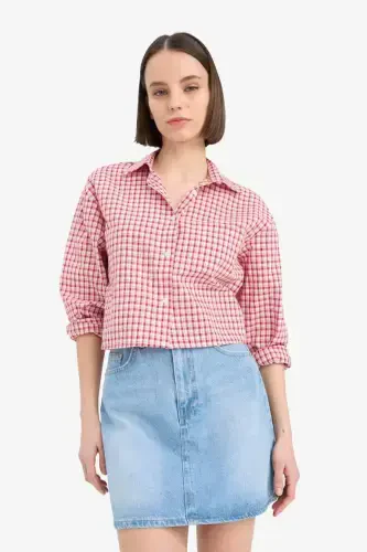 Coool Oversize Keng Bichimli Katakli Uzun Yengli Ko'ylak - Qizil - 3