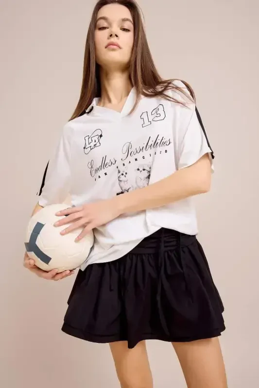 Coool Oversize Keng Bichimli Polo Yoqali Bosmali Forma Mato Qisqa Yengli Futbolka - Oq - 2