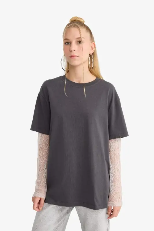 Coool Oversize Keng Bichimli Velosiped Yoqali Uzun Yengli Futbolka-Antratsit - 3