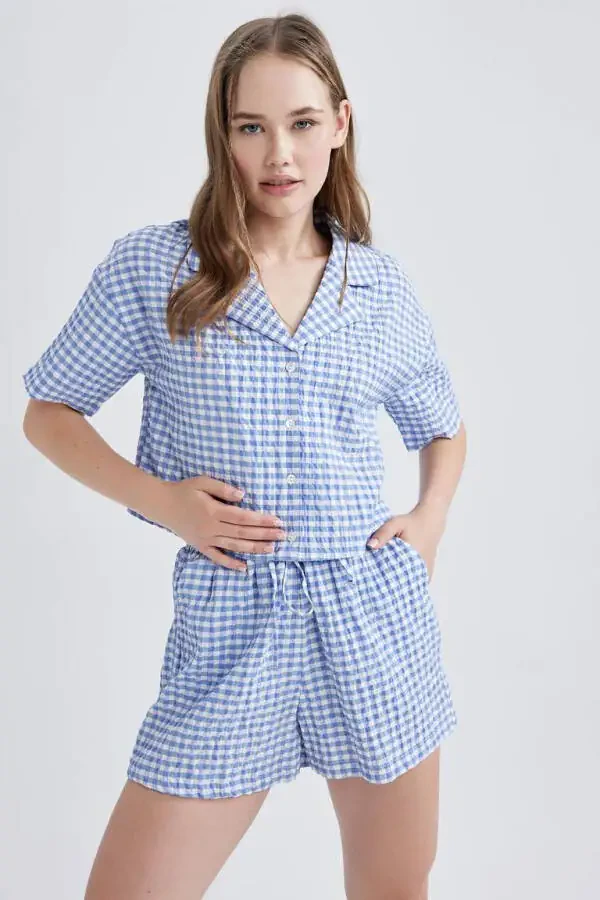 Coool Oversize Pajama Collar Crinkle Plaid Short Sleeve Shirt Blue - 1