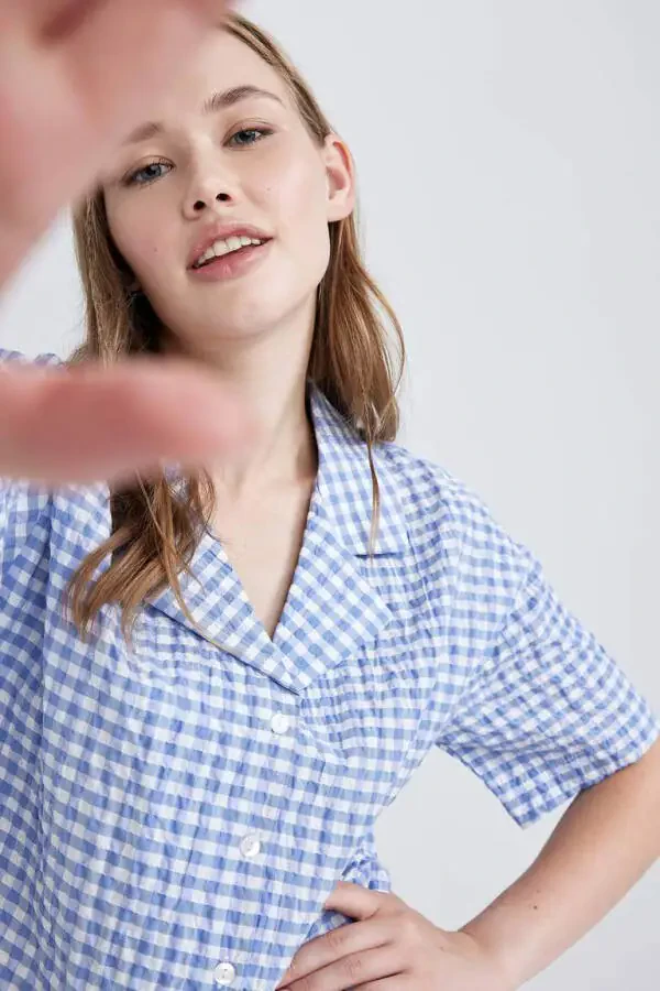 Coool Oversize Pajama Collar Crinkle Plaid Short Sleeve Shirt Blue - 4