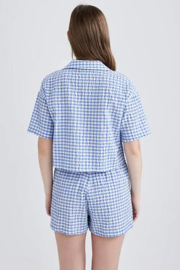 Coool Oversize Pajama Collar Crinkle Plaid Short Sleeve Shirt Blue - 5
