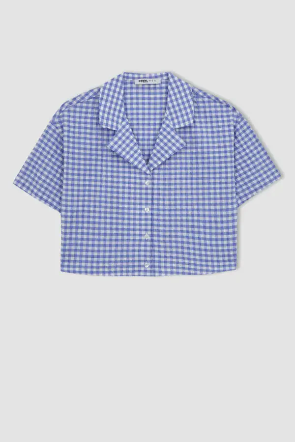 Coool Oversize Pajama Collar Crinkle Plaid Short Sleeve Shirt Blue - 6