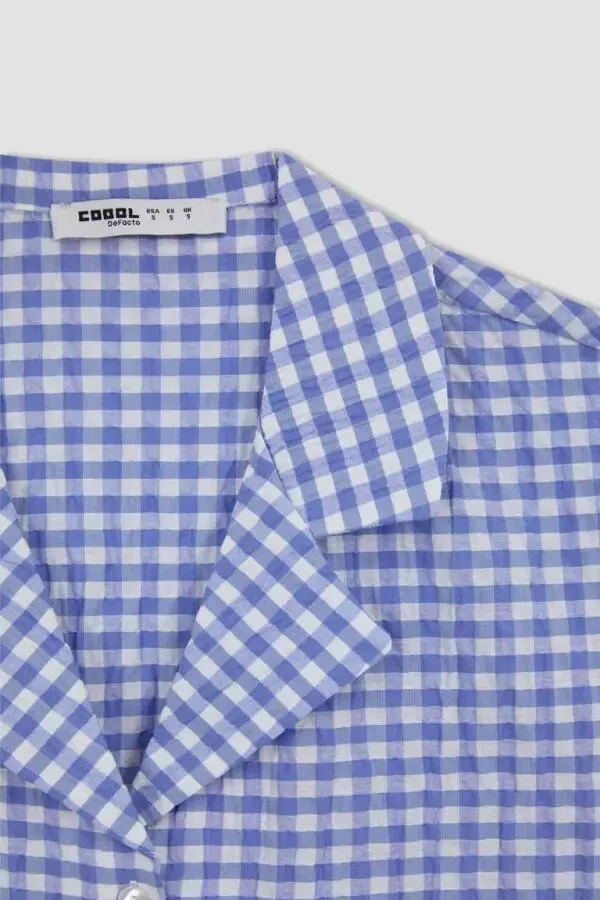 Coool Oversize Pajama Collar Crinkle Plaid Short Sleeve Shirt Blue - 7