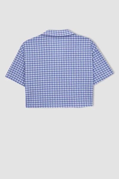 Coool Oversize Pajama Collar Crinkle Plaid Short Sleeve Shirt Blue - 9