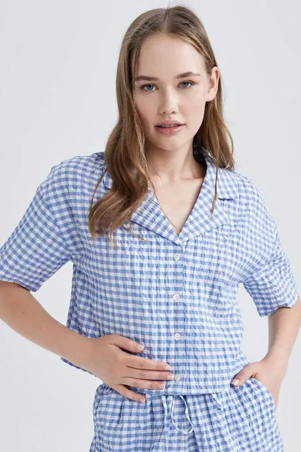 Coool Oversize Pajama Collar Crinkle Plaid Short Sleeve Shirt Blue - 8