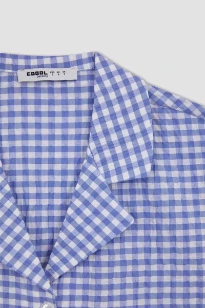 Coool Oversize Pijama Yaka Krinkıl Pötikareli Kısa Kollu Gömlek Mavi - 10