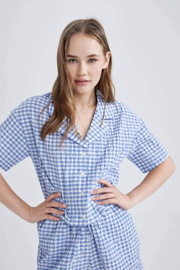Coool Oversize Pijamalar Yaka Krinkil Pötikareli Qisqa Yengli Ko'ylak Movi - 3