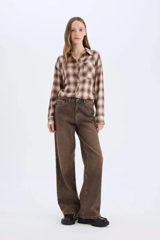 Coool Oversize Широкий Клетчатый Рубашка с Карманами и Длинными Рукавами - Кофе - 2