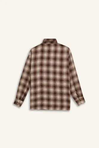 Coool Oversize Широкий Клетчатый Рубашка с Карманами и Длинными Рукавами - Кофе - 9