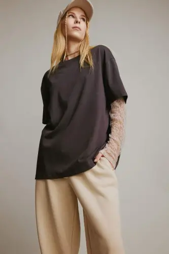 Coool Oversize Wide Fit Bicycle Collar Long Sleeve T-Shirt-Anthracite - 1