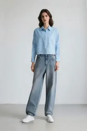 Coool Oversize Wide Fit Checkered Long Sleeve Shirt-Blue - DEFACTO (1)