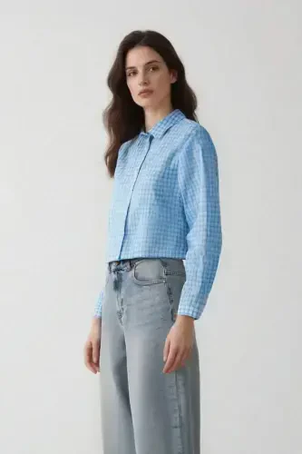 Coool Oversize Wide Fit Checkered Long Sleeve Shirt-Blue - 3