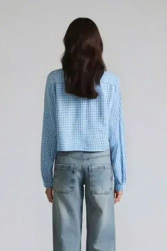 Coool Oversize Wide Fit Checkered Long Sleeve Shirt-Blue - 5