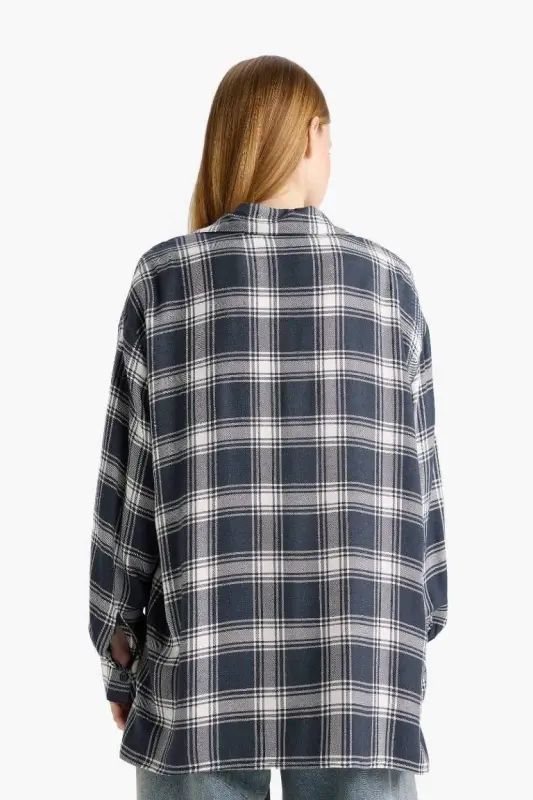 Coool Oversize Wide Fit Plaid Flannel Long Sleeve Shirt-Navy Blue - 6