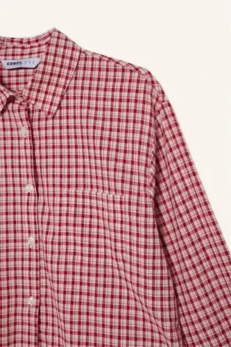 Coool Oversize Geniş Kalıp Pötikareli Uzun Kollu Gömlek-Kırmızı - 5