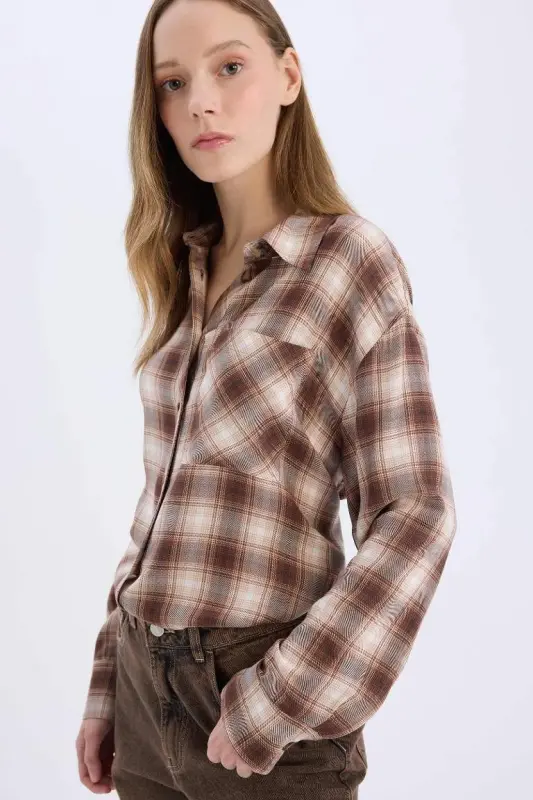 Coool Oversize Wide Fit Plaid Pocket Long Sleeve Shirt-Coffee - 4
