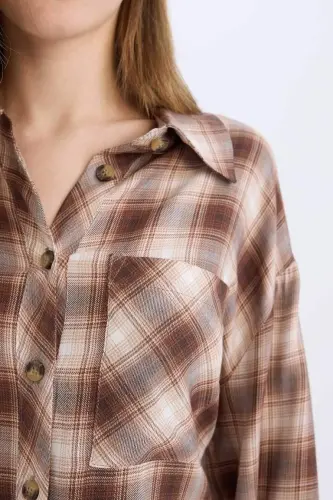 Coool Oversize Wide Fit Plaid Pocket Long Sleeve Shirt-Coffee - 5
