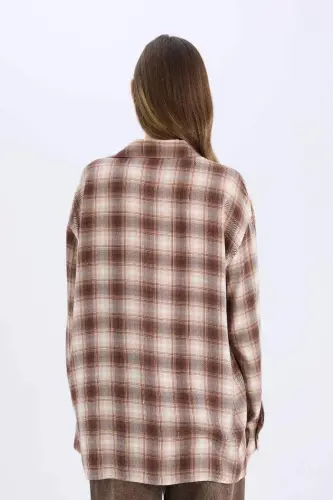 Coool Oversize Wide Fit Plaid Pocket Long Sleeve Shirt-Coffee - 6