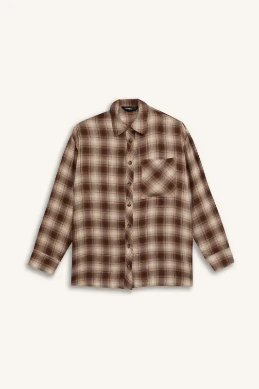 Coool Oversize Wide Fit Plaid Pocket Long Sleeve Shirt-Coffee - 7