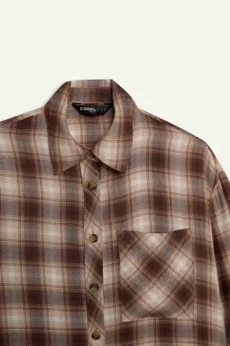 Coool Oversize Wide Fit Plaid Pocket Long Sleeve Shirt-Coffee - 8