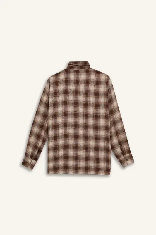 Coool Oversize Wide Fit Plaid Pocket Long Sleeve Shirt-Coffee - 9