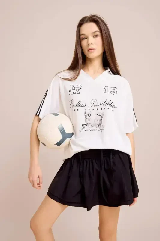 Coool Oversize Wide Fit Polo Neck Printed Jersey Fabric Short Sleeve T-Shirt-White - DEFACTO