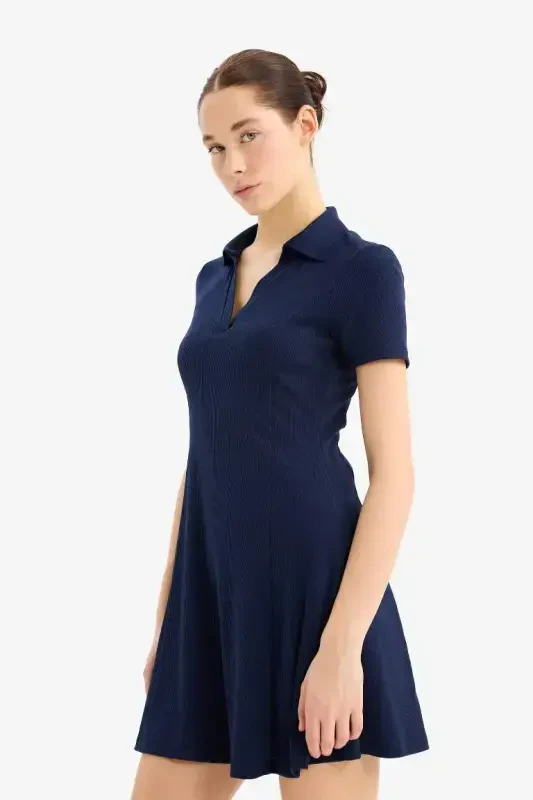 Coool Polo Collar Ribbed Knit Short Sleeve Mini Dress-Navy Blue - DEFACTO
