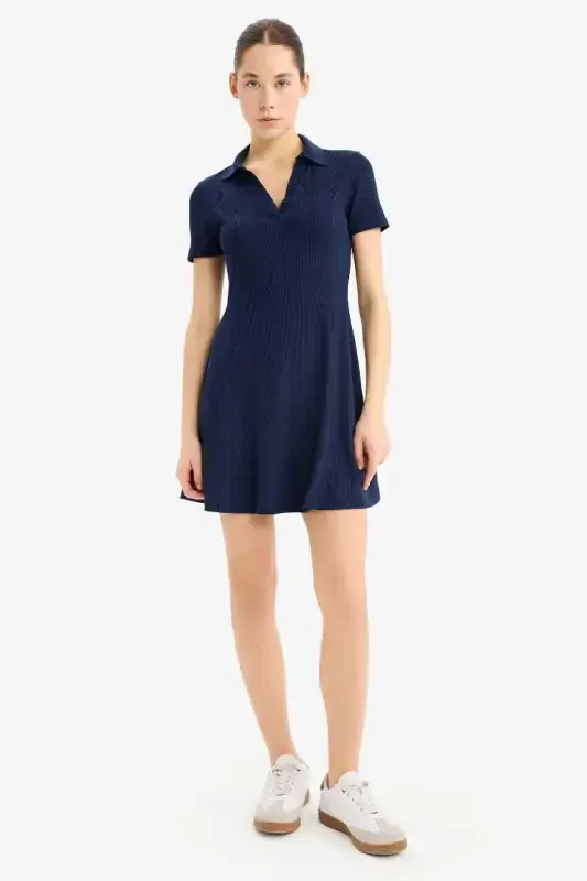 Coool Polo Collar Ribbed Knit Short Sleeve Mini Dress-Navy Blue - 5