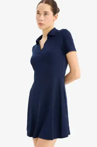 Coool Polo Collar Ribbed Knit Short Sleeve Mini Dress-Navy Blue - 6