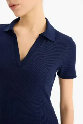 Coool Polo Воротник в рубчик Кашемир Короткий рукав Мини-платье - Темно-синий - 3